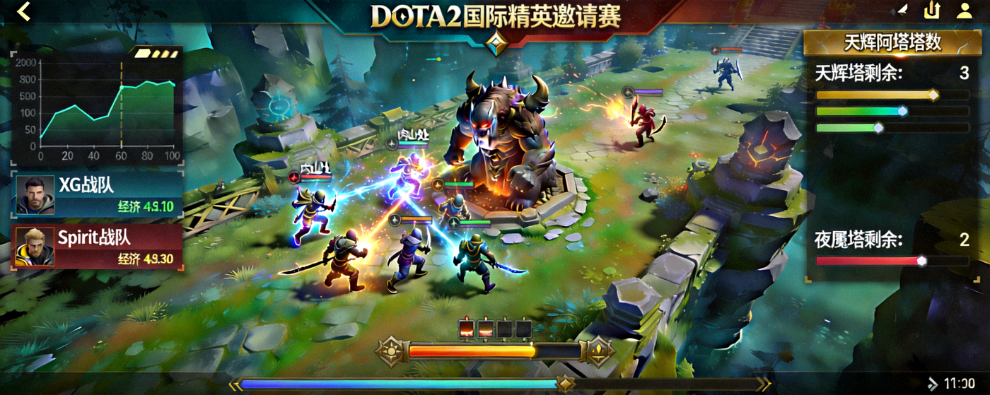 DOTA2国际精英邀请赛直播画面：XG战队正与Spirit战队争夺肉山，经济曲线和天辉夜魇塔数状态清晰可见