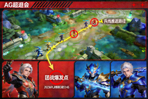 王者荣耀KPL决赛AG超玩会的高光团战复盘图，兵线推进路径和团战爆发点被可视化标注