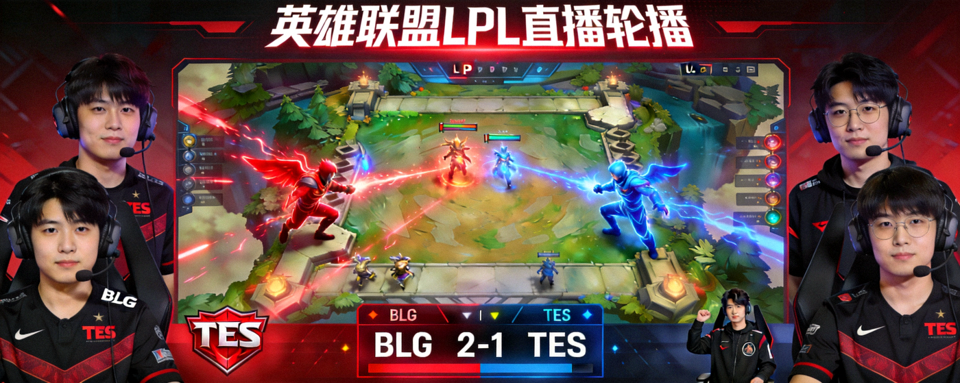 英雄联盟LPL直播轮播画面：BLG与TES在召唤师峡谷激战，双方选手镜头与实时比分一同展示